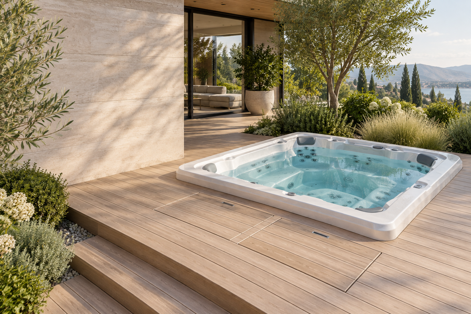 Иллюстрация акрилового SPA, частично встроенного в деревянную террасу